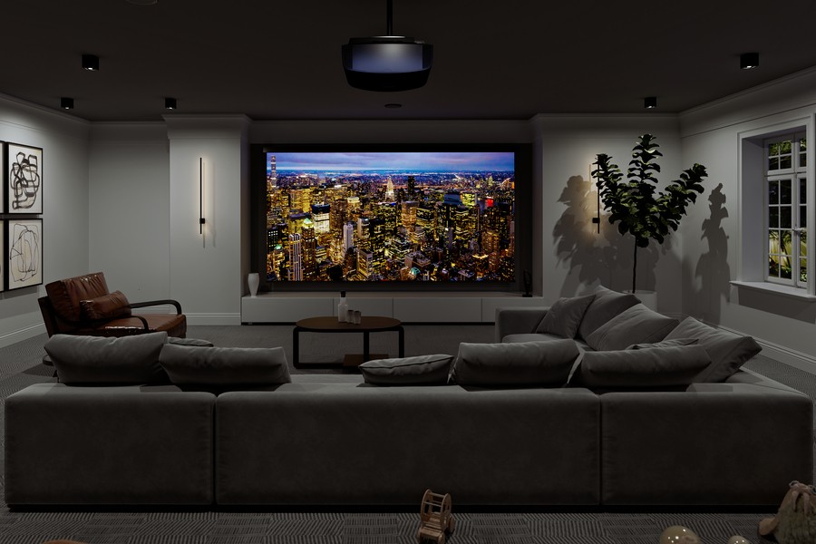 A media room featuring a Sony ES ceiling-mounted projector and screen. 