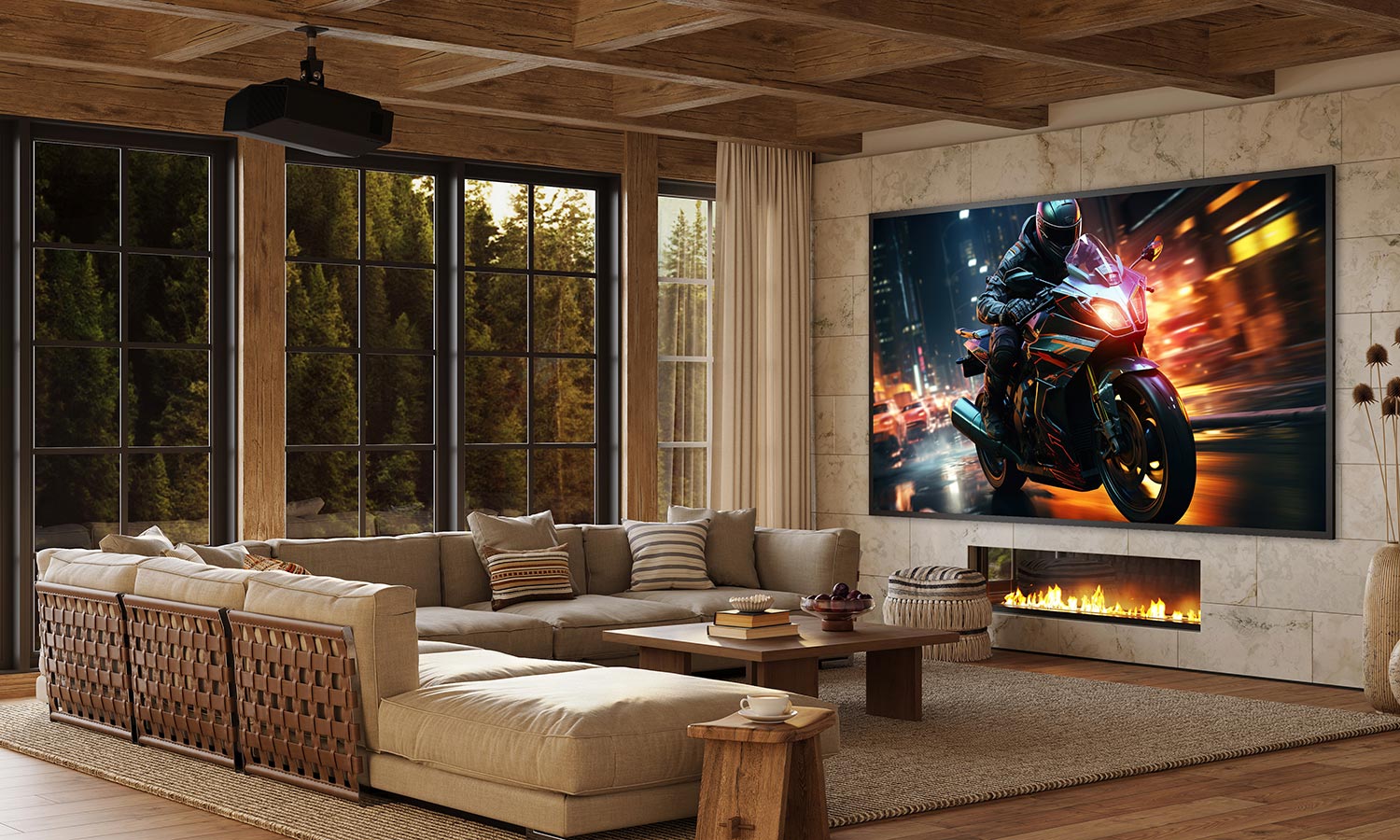 Rustic-modern home theater with large display and cozy sectional sofa