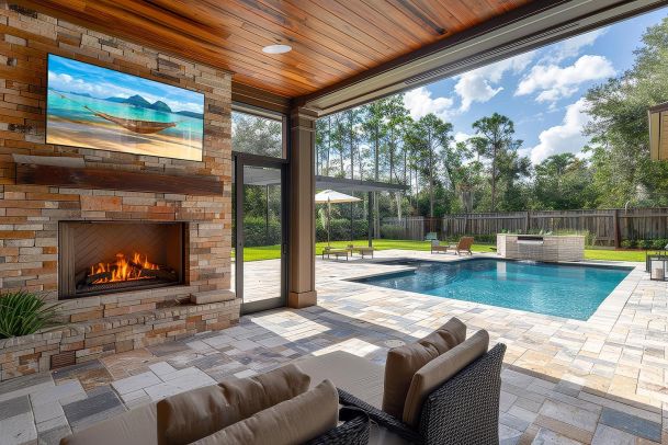 Outdoor patio with a stone fireplace, wall-mounted TV, and view of a luxury swimming pool