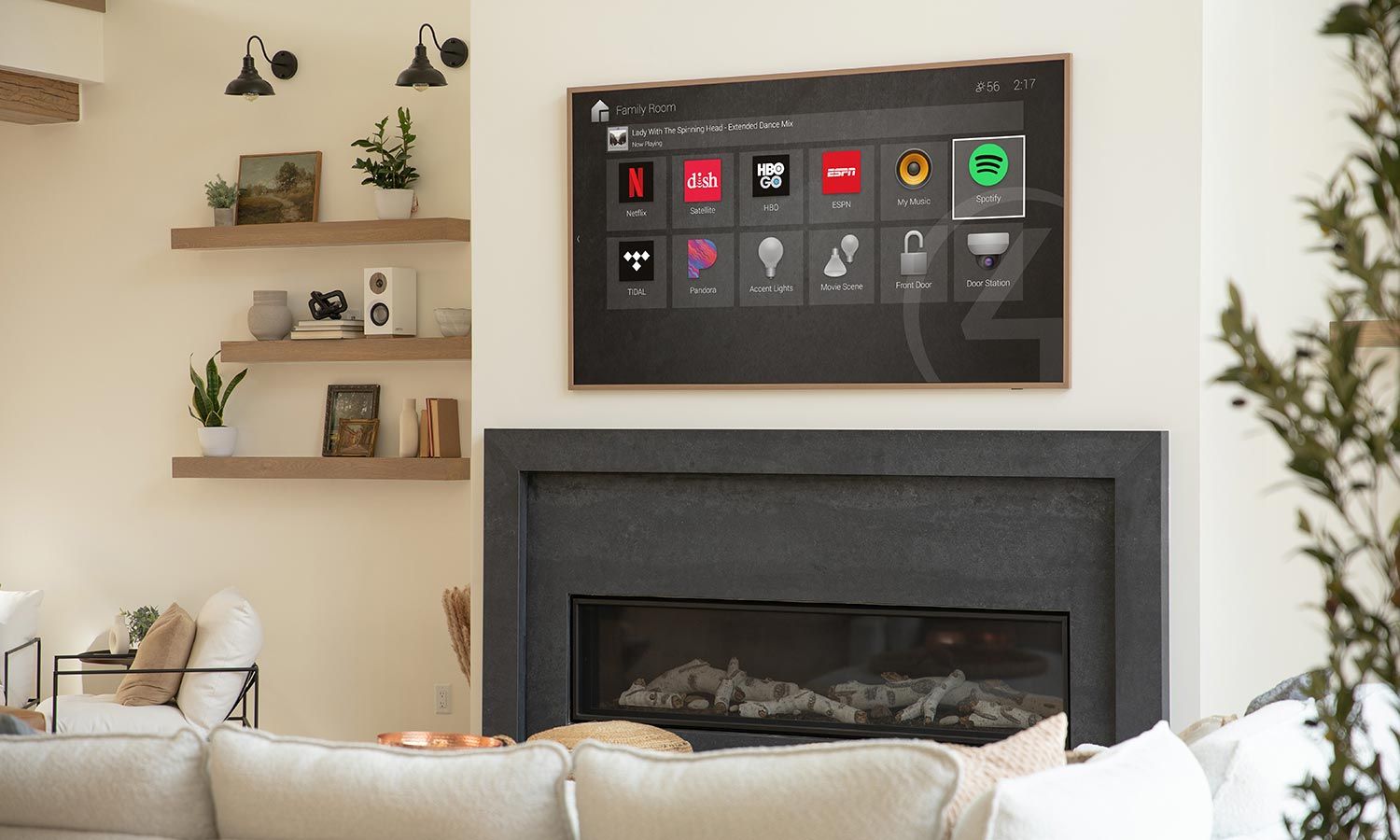Cozy living room with wall-mounted smart home control panel