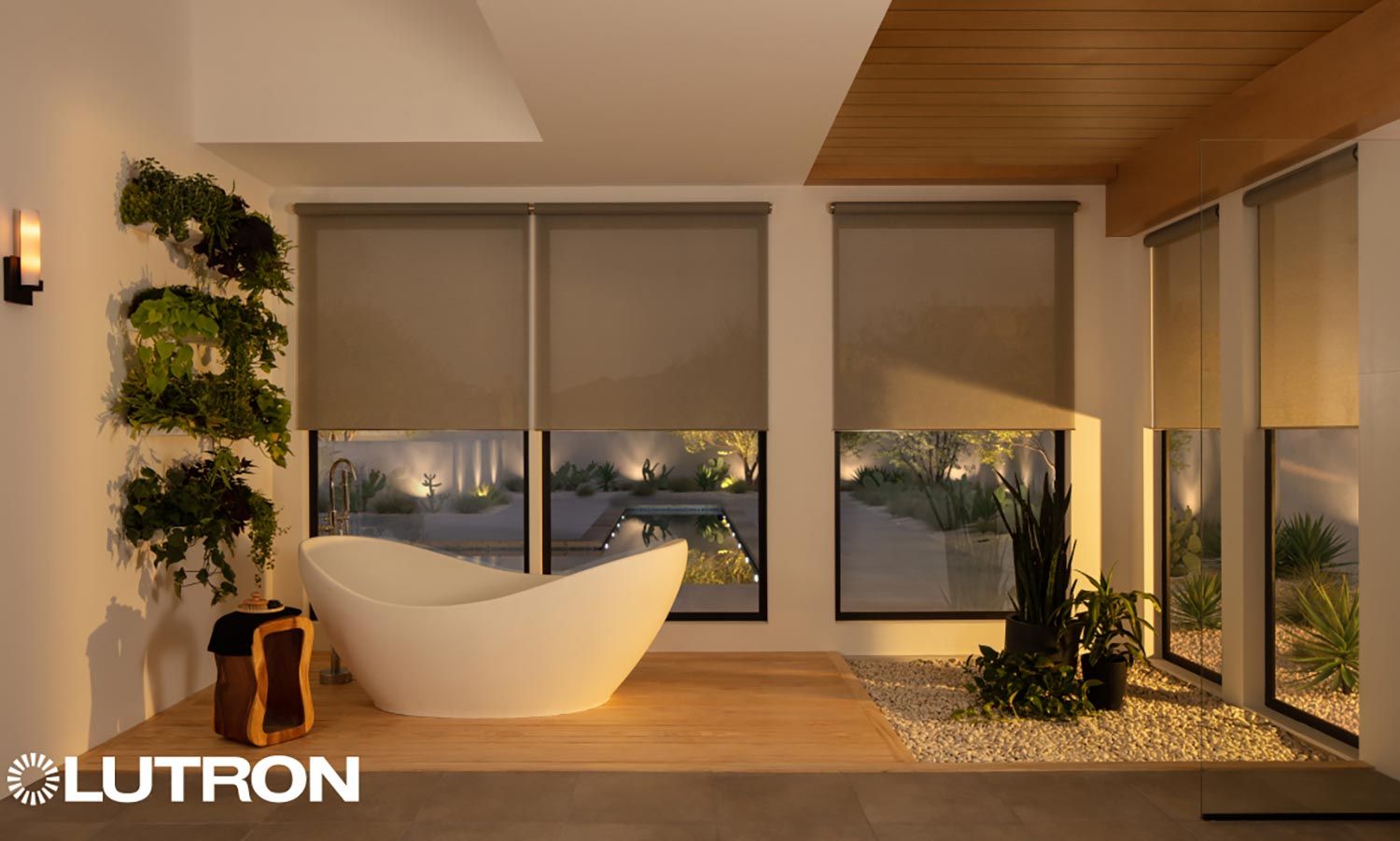 Elegant bathroom with automated window shades and modern tub