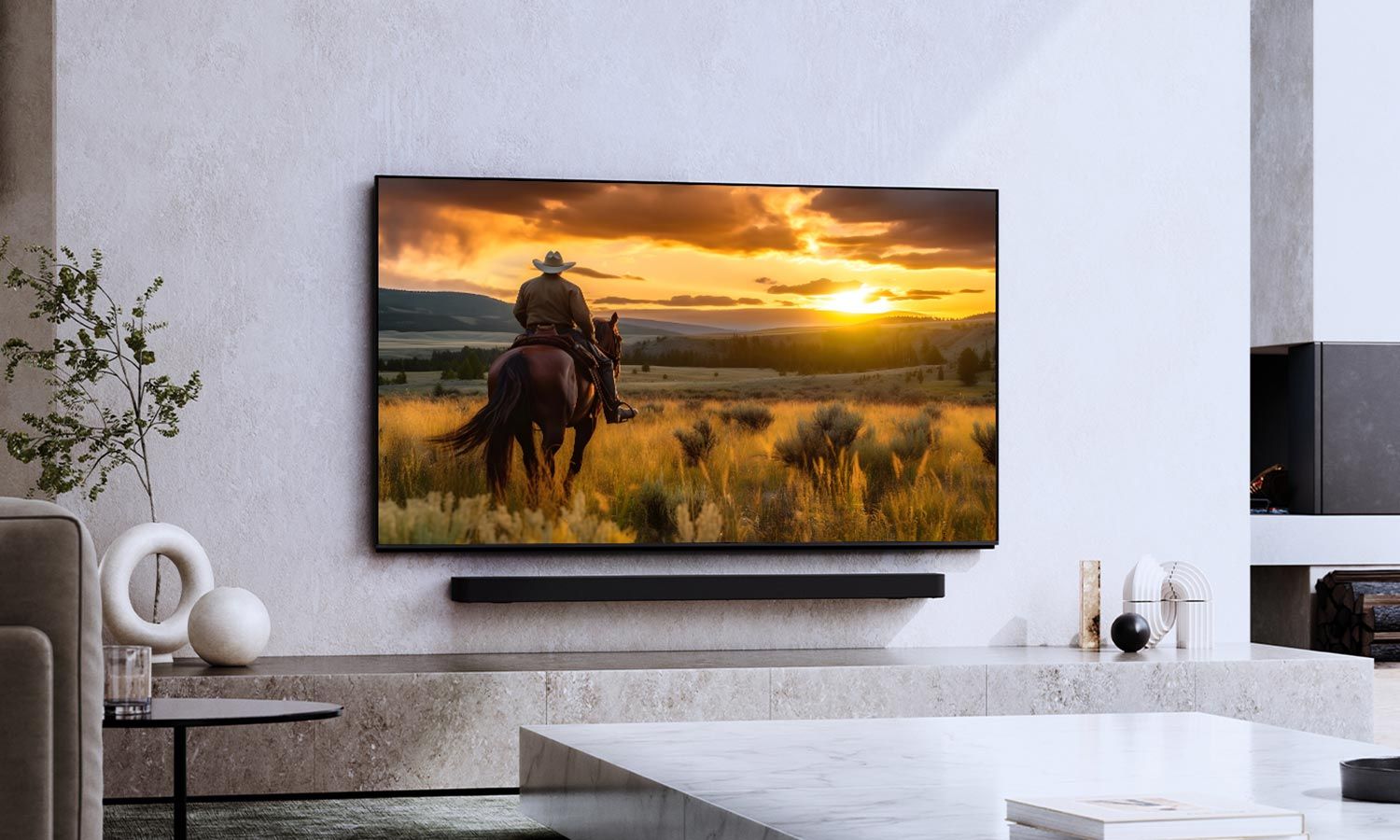 A wall-mounted television displaying a cowboy riding a horse at sunset, with sleek minimalist decor in the living room.